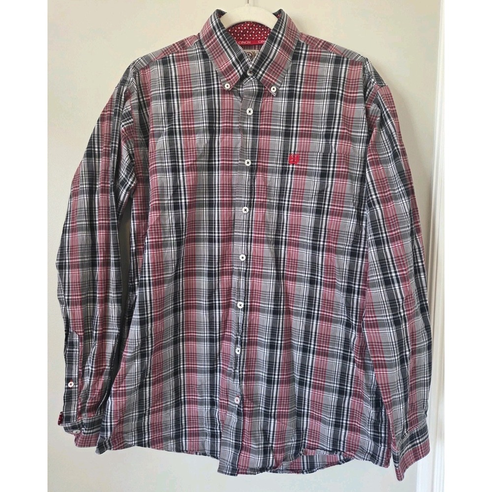 Cinch Button Down Shirt Red Black White Plaid Western Mens Size Small